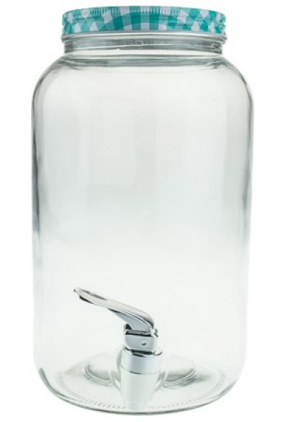 Getränkespender 3000ml aus Glas, mit Hahn, kompl. mit kariertem Metalldeckel (Farbe nicht wählbar!)